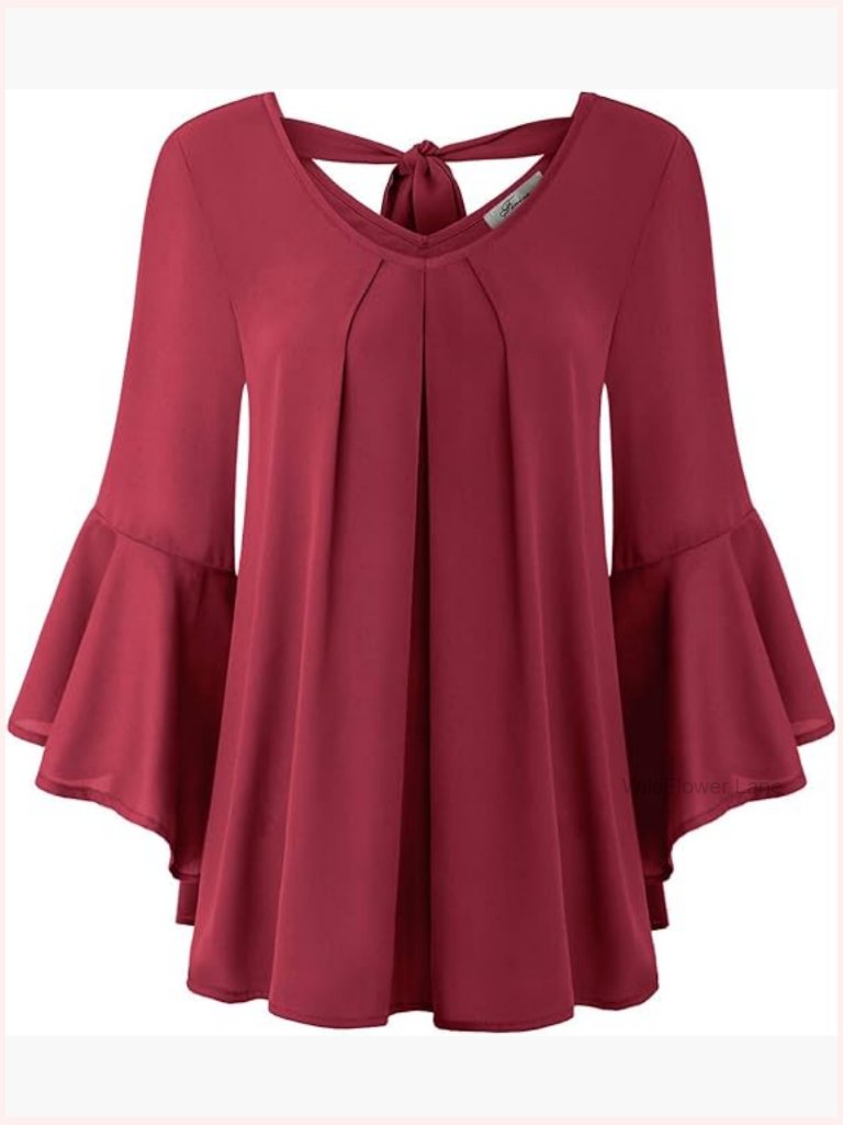 V Neck 3/4 Bell Sleeve Pleated Front Chiffon Blouse Tunic Top